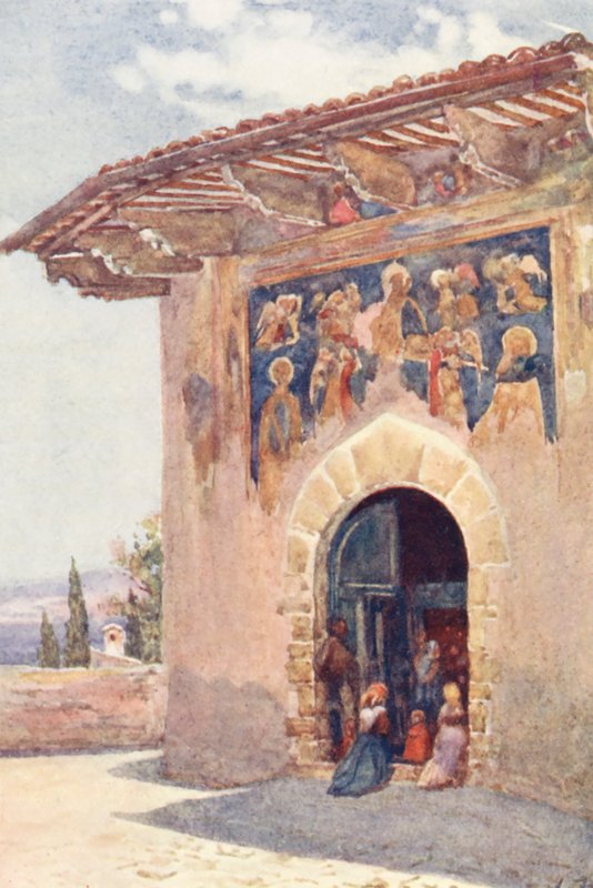 Pilgrimskapellet, Assisi (farvelitografi) af Alberto Pisa