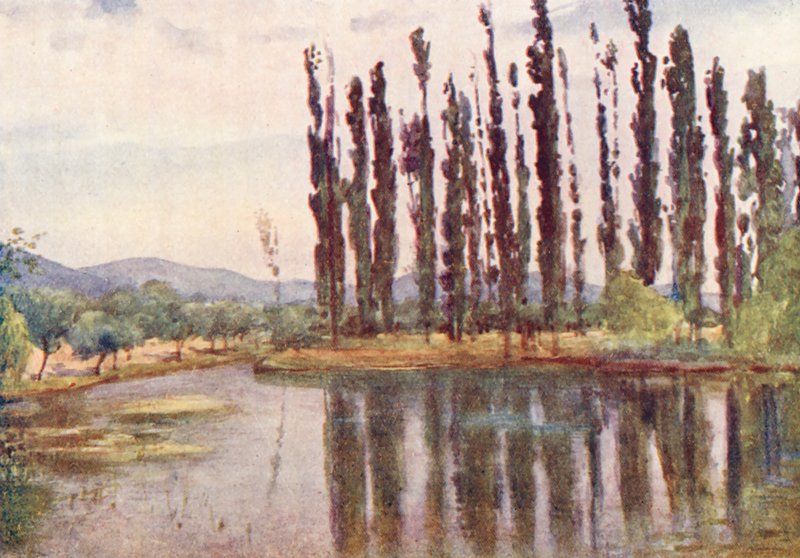 Nær Clitumnus-templet (farvelitografi) af Alberto Pisa