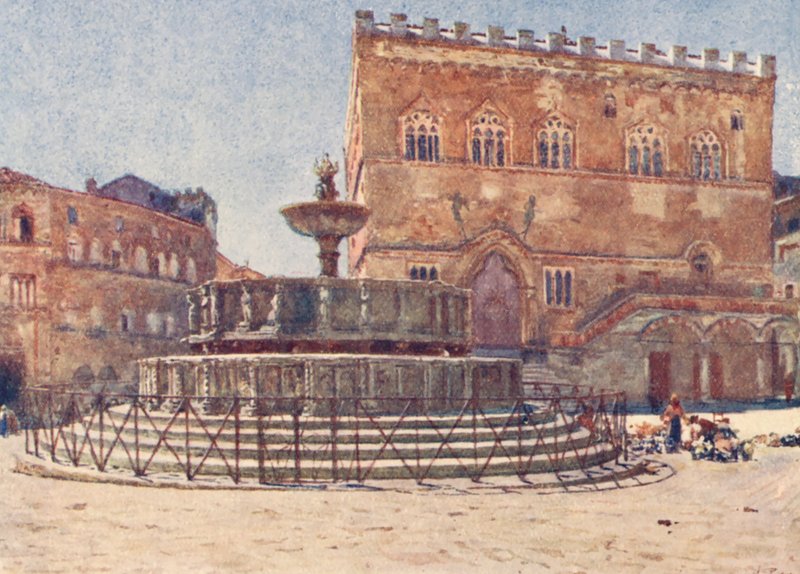 Piazza S Lorenzo, Perugia (farvelitografi) af Alberto Pisa