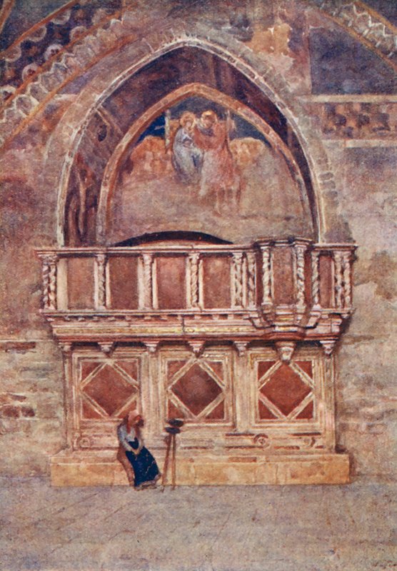 Prædikestol, den nedre kirke, S. Francesco, Assisi (farvelitografi) af Alberto Pisa