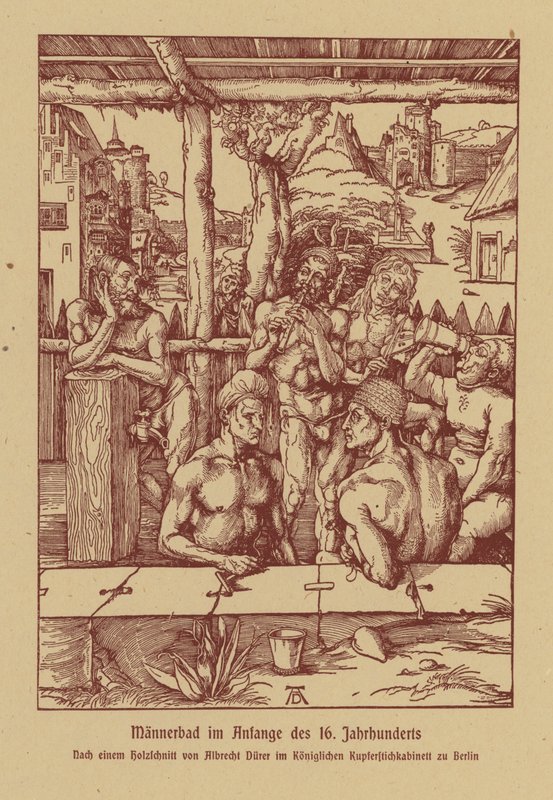 Badeanstalt for mænd, begyndelsen af det 16. århundrede (farvelitografi) af Albrecht (after) Durer or Duerer