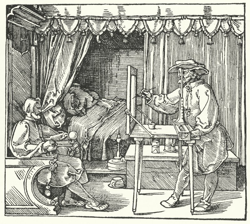 Metode til fremstilling af et skalabillede ved at markere objektets omrids på en glasplade (gravering) af Albrecht (after) Durer or Duerer