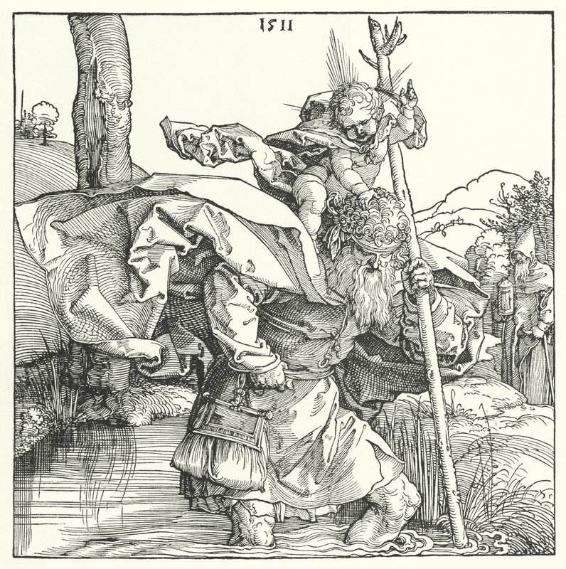 St. Christopher bærer Kristus-barnet (gravering) af Albrecht (after) Durer or Duerer