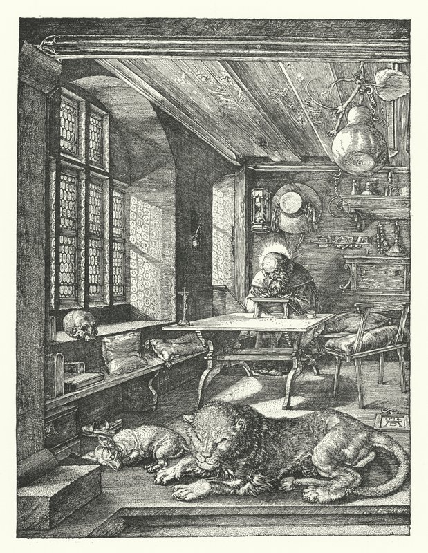 Sankt Hieronymus i hans studie (gravering) af Albrecht (after) Durer or Duerer