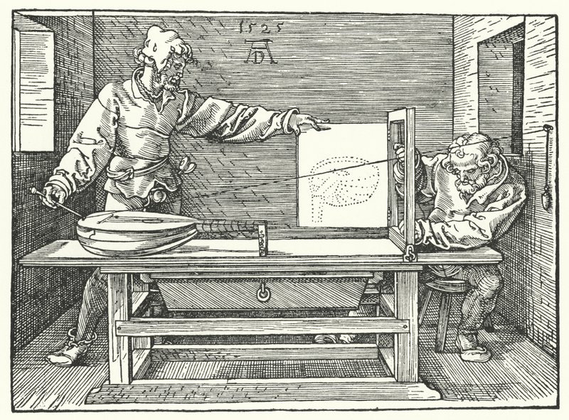 Brugen af strenge til at konstruere et perspektivbillede af en lut (gravering) af Albrecht (after) Durer or Duerer