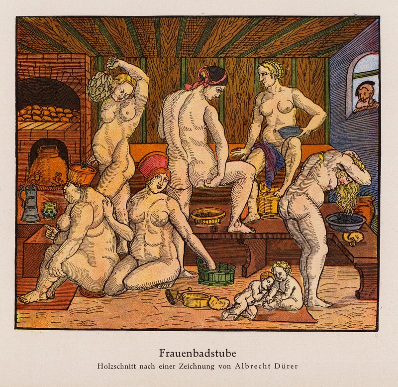 Kvinders bade (farve litho) af Albrecht (after) Durer or Duerer