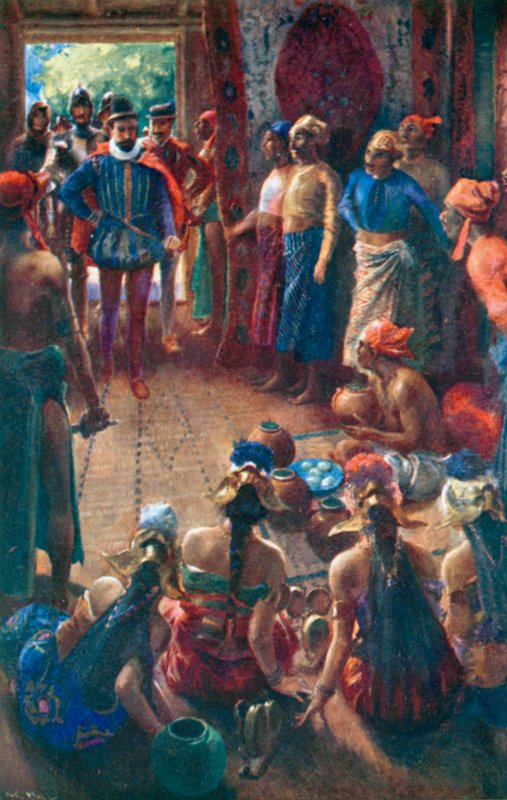 Magellan besøger kongen af Sebu (farvelitografi) af Alec Ball