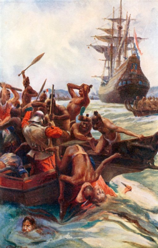 Tasmans mænd angrebet af indfødte ud for New Zealands kyst (farvelitografi) af Alec Ball