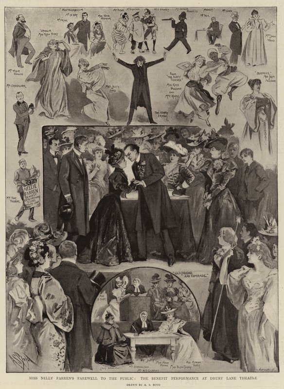 Miss Nelly Farrens farvel til offentligheden, Benefit-forestillingen på Drury Lane Theatre af Alexander Stuart Boyd