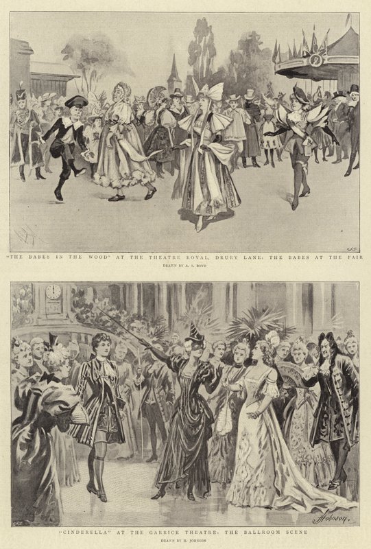 Babes in the Wood på Theatre Royal, Drury Lane, Babes på messen, Askepot på Garrick Theatre, Ballroom Scene af Alexander Stuart Boyd