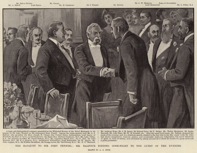 Banketten til Sir John Tenniel, hr. Balfour byder godnat til aftenens gæst af Alexander Stuart Boyd