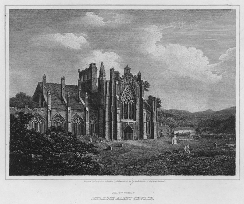 Sydfronten, Melrose Abbey Church (gravering) af Alexander (after) Nasmyth
