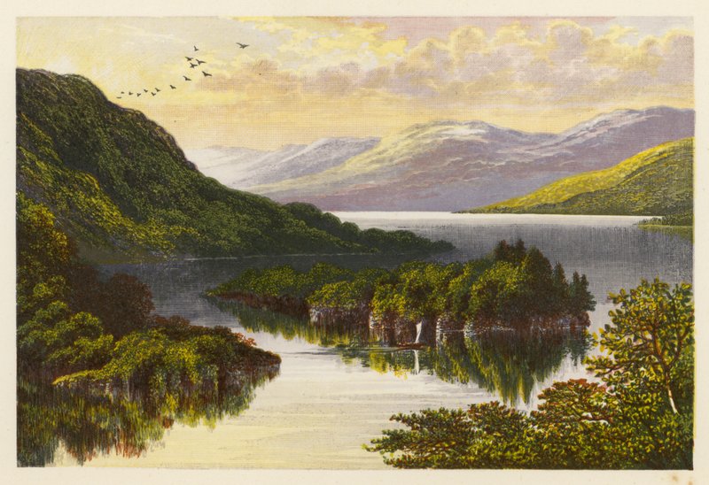 Skotsk Loch-landskab: Loch Katrine (farvelitografi) af Alexander Francis (after) Lydon