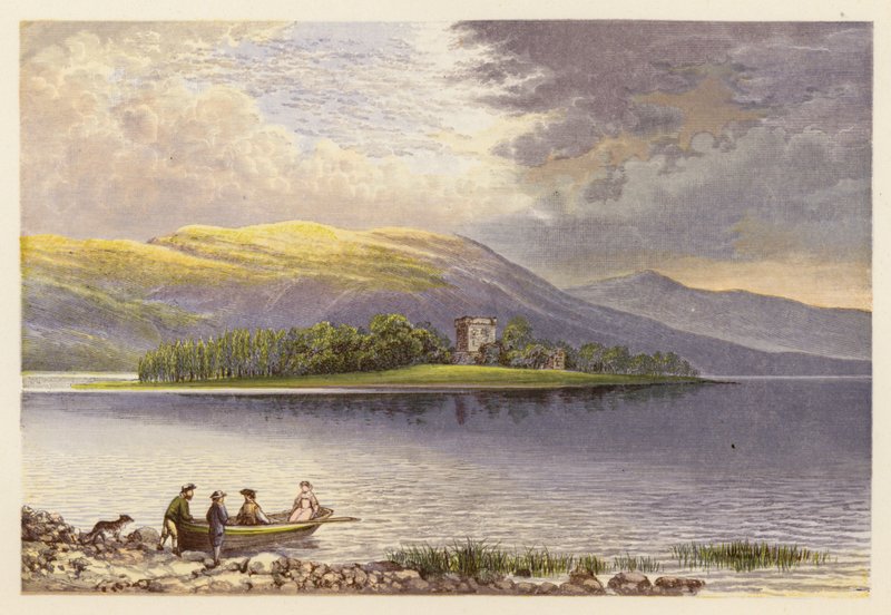 Skotsk Loch-landskab: Loch Leven (farvelitografi) af Alexander Francis (after) Lydon