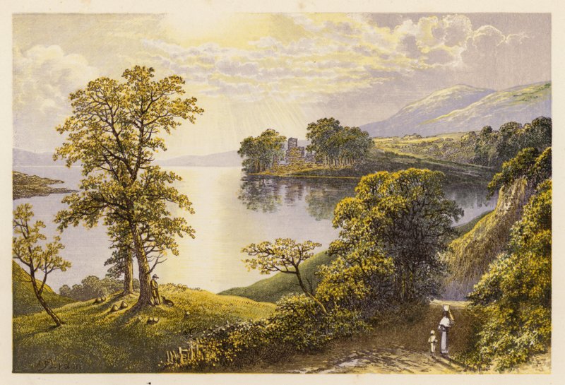 Skotsk Loch-landskab: Lochmaben (farvelitografi) af Alexander Francis (after) Lydon