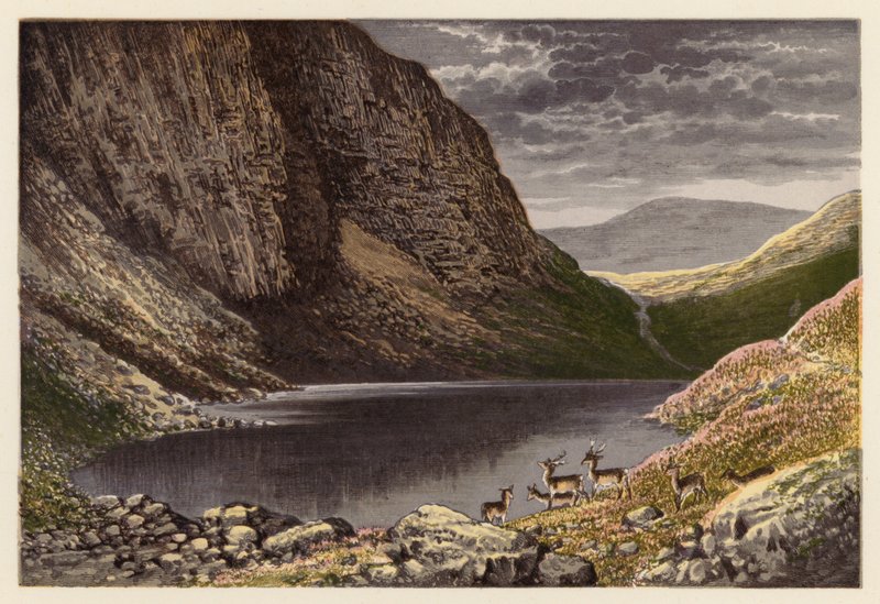 Skotsk Loch-landskab: Dhu Loch, Loch-na-gar (farvelitografi) af Alexander Francis (after) Lydon