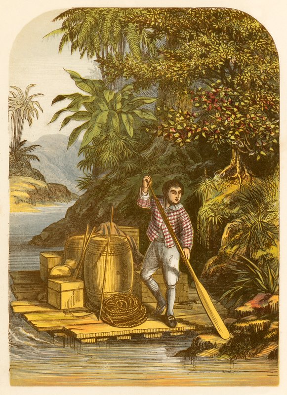 Robinson Crusoe redder ved hjælp af en tømmerflåde mange nyttige genstande fra skibet af Alexander Francis Lydon