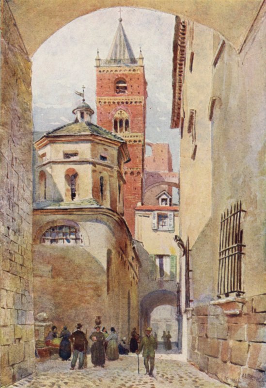 Albenga, katedraltårnet og dåbskapellet (farve litho) af Alexander Henry Hallam Murray