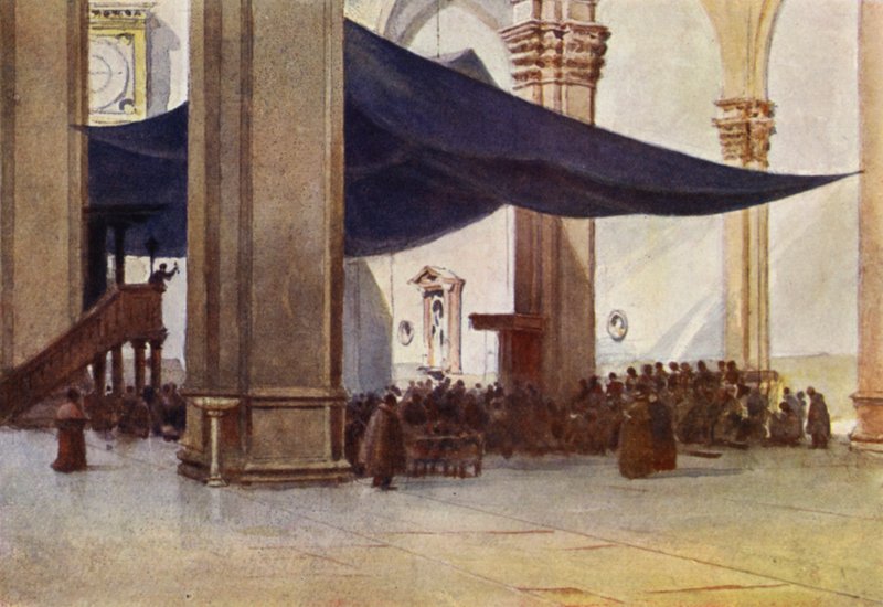 Firenze, Duomoens indre under fastelavnsprædiken (farve litho) af Alexander Henry Hallam Murray