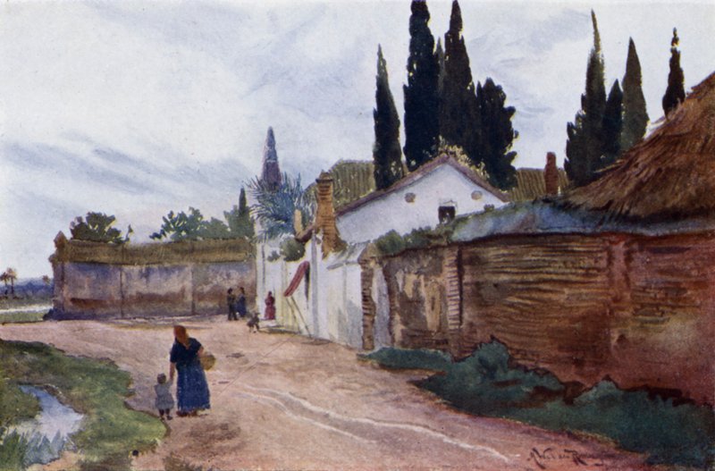 Uden for bymurene, Sevilla (farve litho) af Alexander Wallace Rimington