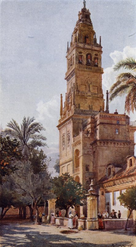 The Court of Oranges, Moskeen i Cordova (farve litho) af Alexander Wallace Rimington