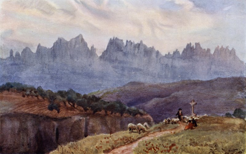 Montserrat-bjergene fra Manresa, nær Barcelona (farve litho) af Alexander Wallace Rimington