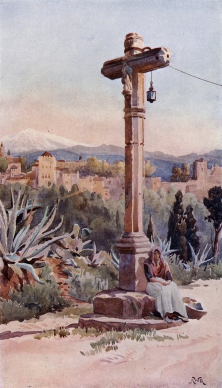 Wayside Cross, nær Granada (farve litho) af Alexander Wallace Rimington