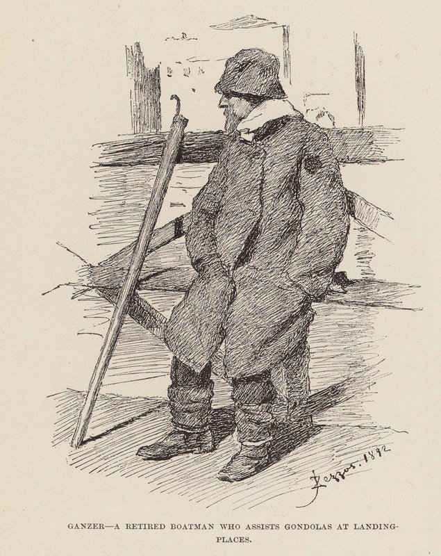 Ganzer, en pensioneret bådsmand, der hjælper gondoler ved landingssteder (gravering) af Alezzandro Zezzos