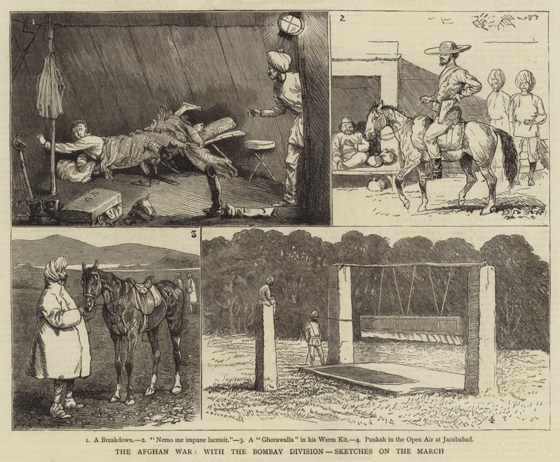 Den afghanske krig, med Bombay-divisionen, skitser på marts af Alfred Chantrey Corbould