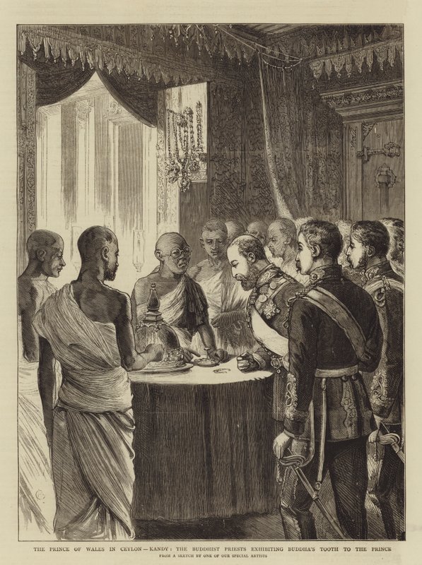 Prinsen af Wales i Ceylon, Kandy, de buddhistiske præster udstiller Buddhas tand for prinsen af Alfred Chantrey Corbould