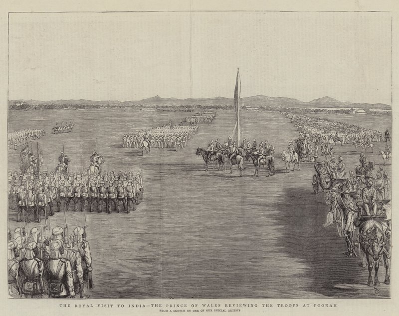 Det kongelige besøg i Indien, prins af Wales gennemgår tropperne i Poonah af Alfred Chantrey Corbould