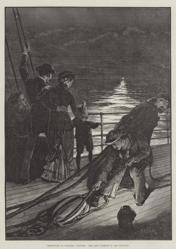 Kolonibesøgendes afgang, det sidste glimt af Old England af Alfred Edward Emslie