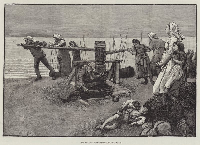 Den kommende storm, afvikler bådene af Alfred Edward Emslie
