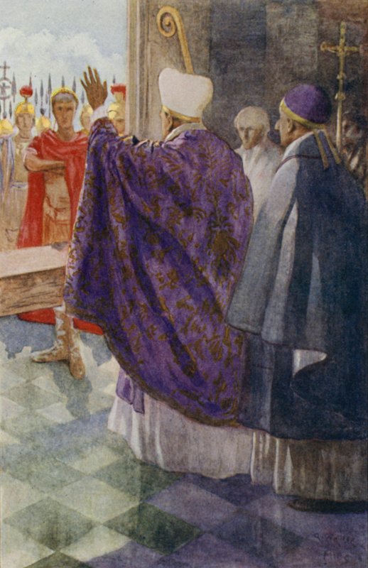 Sankt Ambrosius forhindrer den romerske kejser Theodosius i at komme ind i Milanos katedral som straf for massakren i Thessalonika i 390 af Alfred Wallis Mills