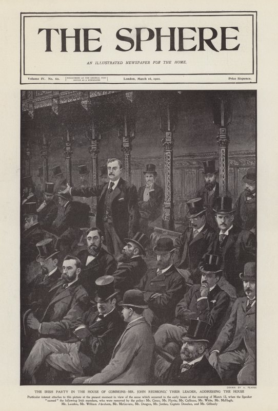 Det irske parlamentsmedlem John Redmond taler til Underhuset (litho) af Alfred (after) Pearse