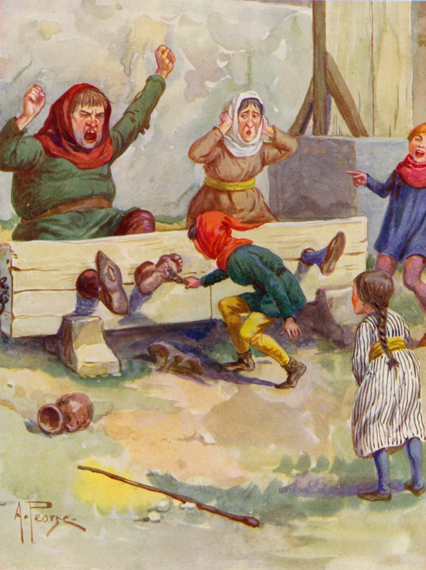 Det glade England: In the stocks (farvelitografi) af Alfred (after) Pearse
