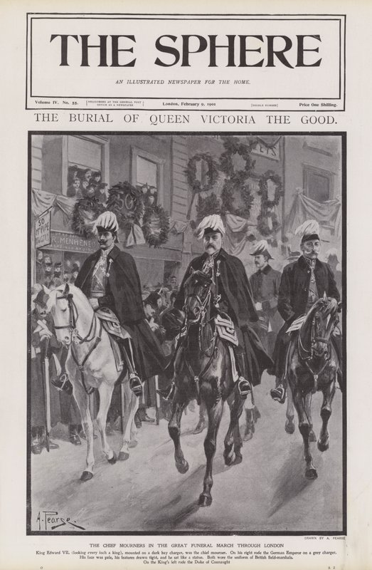 De vigtigste sørgende ved dronning Victorias begravelsesoptog gennem London (litho) af Alfred (after) Pearse