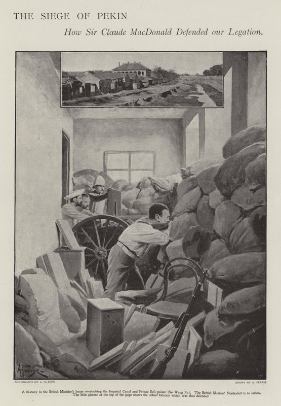 Forsvaret af den belejrede britiske legation i Peking under Boxer Rebellion (litho) af Alfred (after) Pearse
