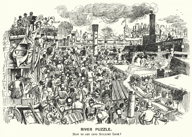 Punch-tegneserie: Overbelastning på Themsen ved Molesey Lock, Surrey (gravering) af Alfred Chantrey Corbould