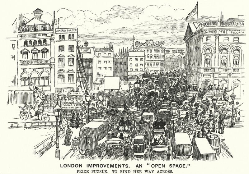 Punch tegnefilm: London Improvements. En "Open Space" - trafikpropper i det victorianske London (gravering) af Alfred Chantrey Corbould