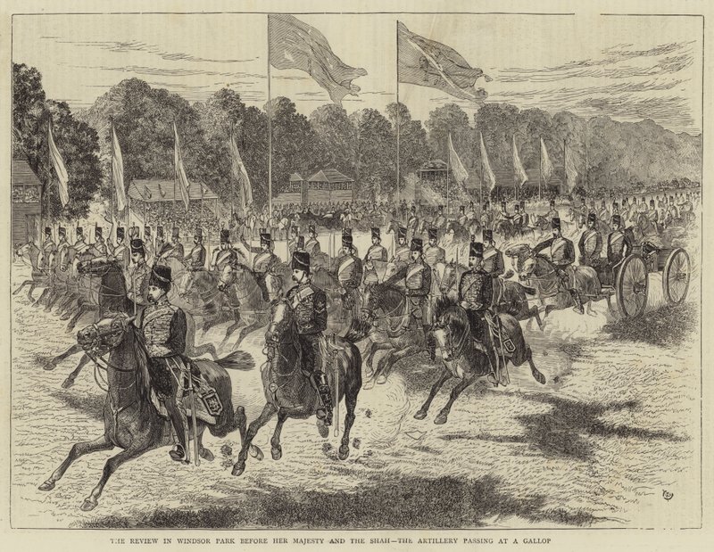Anmeldelsen i Windsor Park før Hendes Majestæt og Shahen, Artilleriet, der passerer i galop (gravering) af Alfred Chantrey Corbould