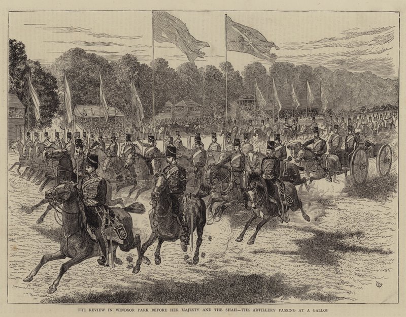 Gennemgang i Windsor Park foran Hendes Majestæt og shahen, hvor artilleriet passerer i galop af Alfred Chantrey Corbould