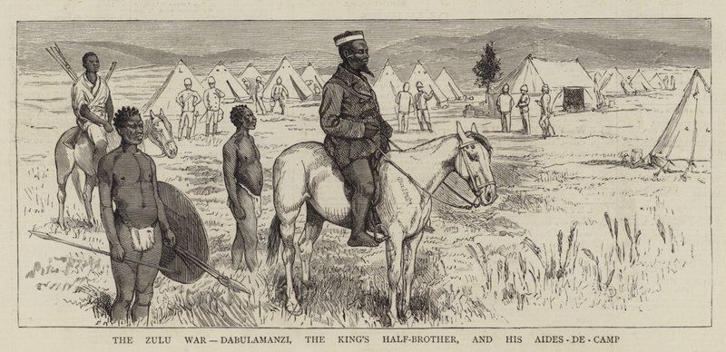 Zulukrigen, Dabulamanzi, kongens halvbror, og hans hjælpere i lejren af Alfred Chantrey Corbould