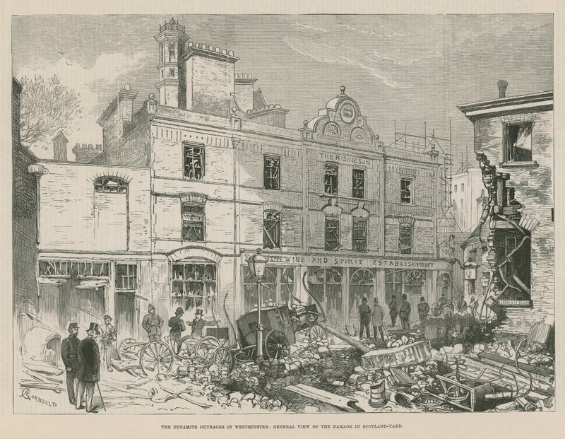 Dynamitovergrebene i Westminster; Generelt billede af skaderne i Scotland Yard af Alfred Chantrey Corbould