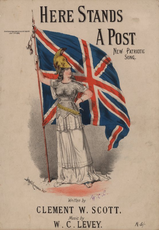 Her står en post, ny patriotisk sang - Britannia holder Union Jack (farvelitografi) af Alfred Concanen