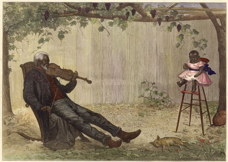 Gammel sort mand spiller violin for baby (farvelagt gravering) af Alfred Edward (after) Emslie