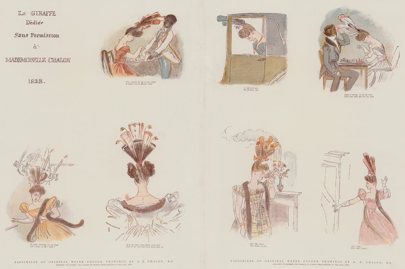Faksimiler af originale vandfarvetegninger, designet til at satirisere mode i Årets kvindelige hovedkjoler 1828 (chromolitho) af Alfred Edward Chalon