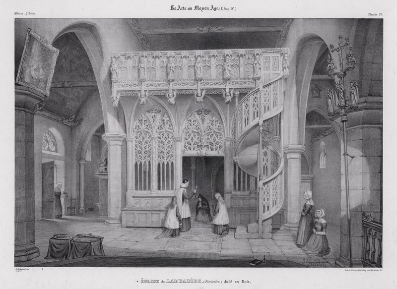 Udskåret træskærm af kapellet i Notre Dame de Lambader, Plouvorn, Bretagne, Frankrig (litho) af Alfred Guesdon