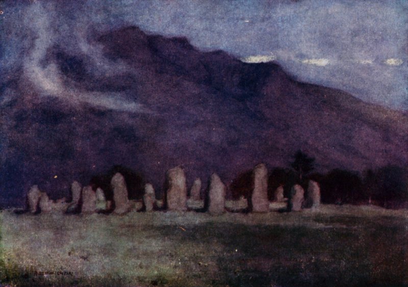 Castlerigg Stone Circle, Cumbria (farve litho) af Alfred Heaton Cooper