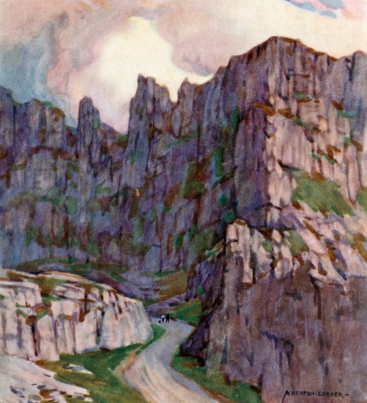 Cheddar Gorge (farve litho) af Alfred Heaton Cooper